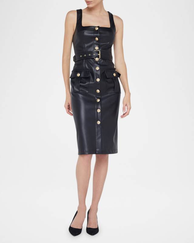 Idy Button-Front Faux Leather Dress